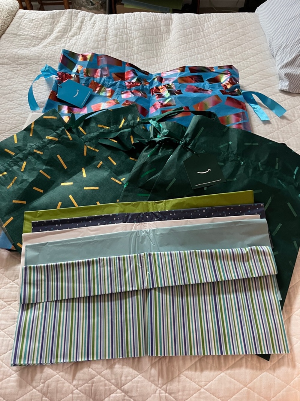 5 Amazon Assorted Gift Bags and Tissue Paper Set - Green, Blue, Stripe